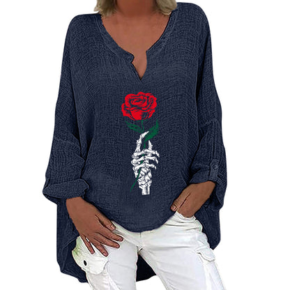 Halloween Themed Print V-neck Cotton Linen Long Sleeve Shirt For Women
