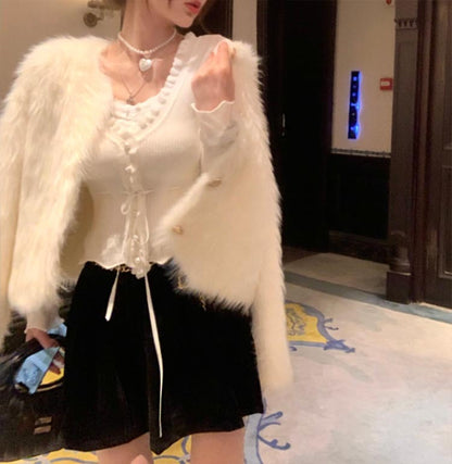 Fake Two-piece V-neck Ice Silk Knitted Cardigan Women