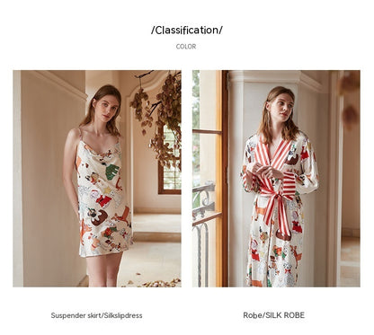 Thin Contrast Color Pajamas Ice Silk Robe Loose Homewear