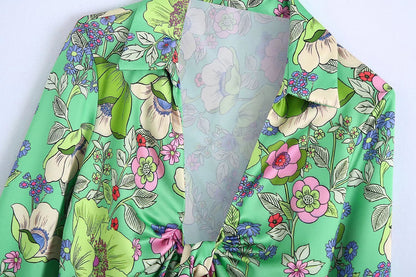 Silk Satin Floral Print V-Neck Dress Short Skirt