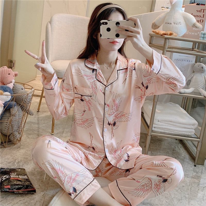 Ice Silk Pajamas Women's Long-sleeved Trousers Two-piece Set