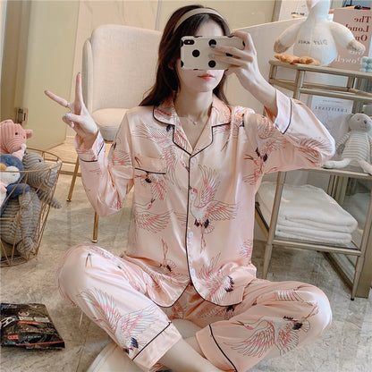 Ice Silk Pajamas Women's Long-sleeved Trousers Two-piece Set
