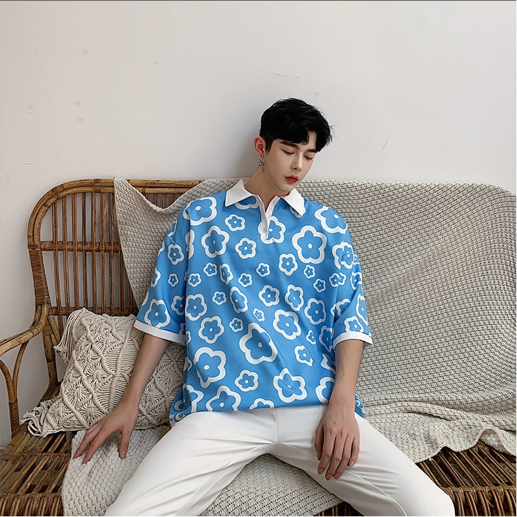 Satin silk contrast flower T-shirt