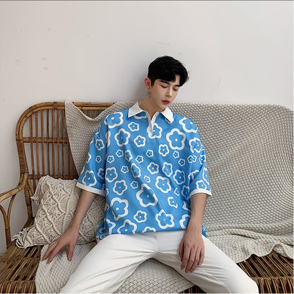 Satin silk contrast flower T-shirt