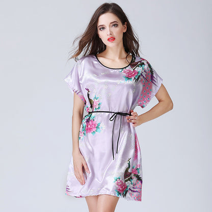 Imitation Silk Nightdress Round Neck And Thin Belt Women's Silk Pajamas