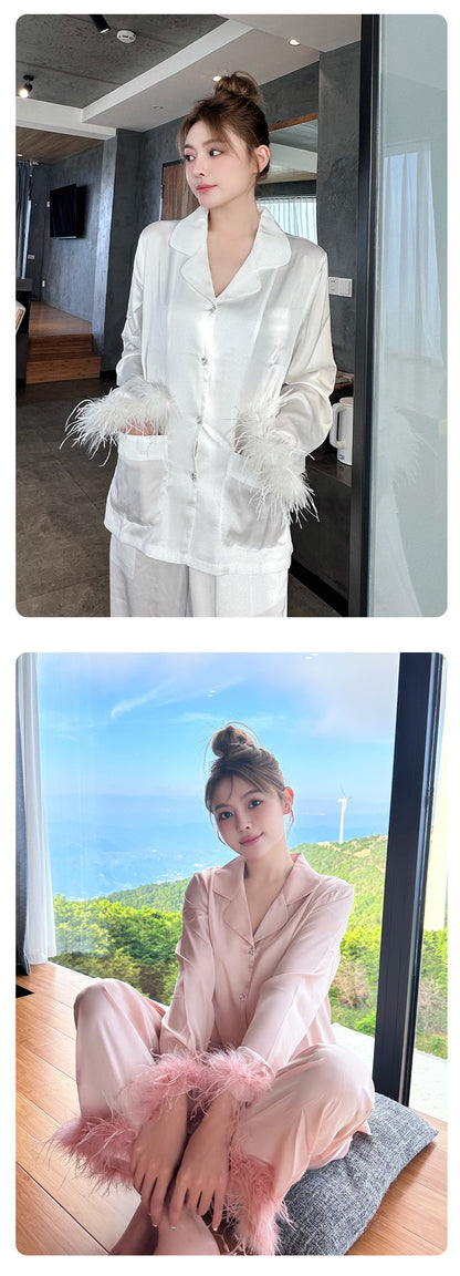 Ice Silk Satin Pajamas Feather Sleeve Homewear