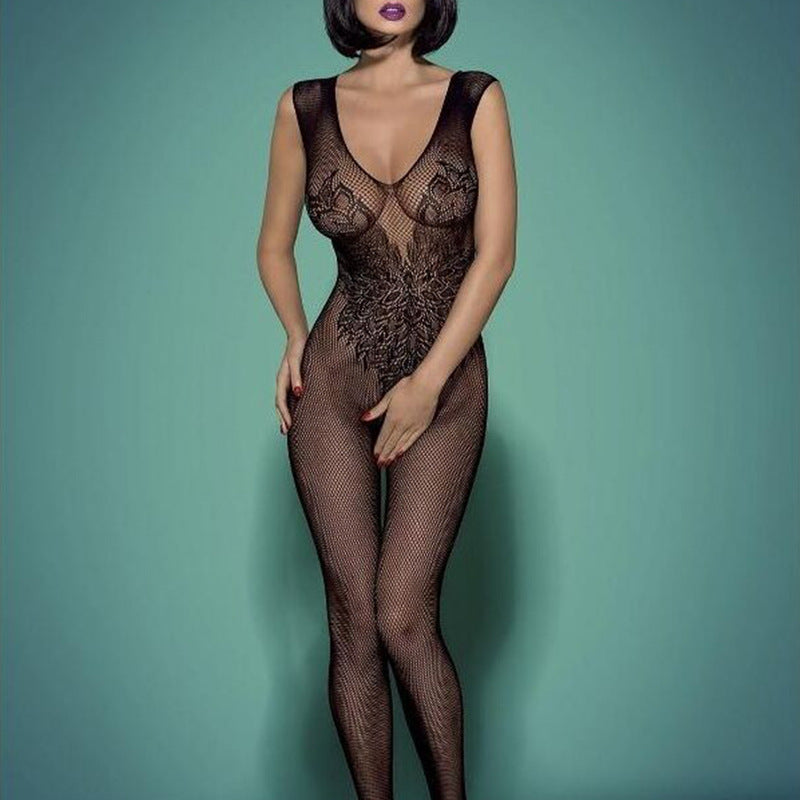 Silk Stockings One-piece Silk Stockings Hollowed-out Jacquard Suspender Jumpsuit