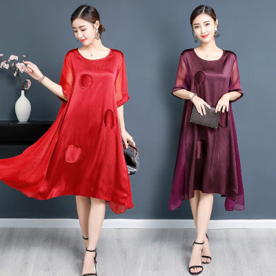 Mom Solid Color Over Knee Faux Silk Dress
