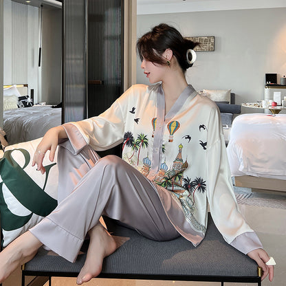 Ladies Ice Silk Pajamas Long Sleeve Cardigan Set