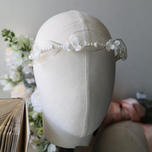 Bridal Netting Silver Silk Thread Ceramic Hard Porcelain White Floral Tiara