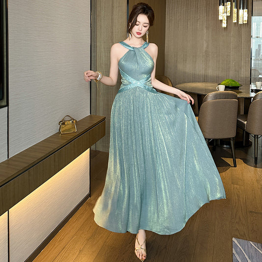 French Halter Silk Satin Waist-controlled Large Hem Dress