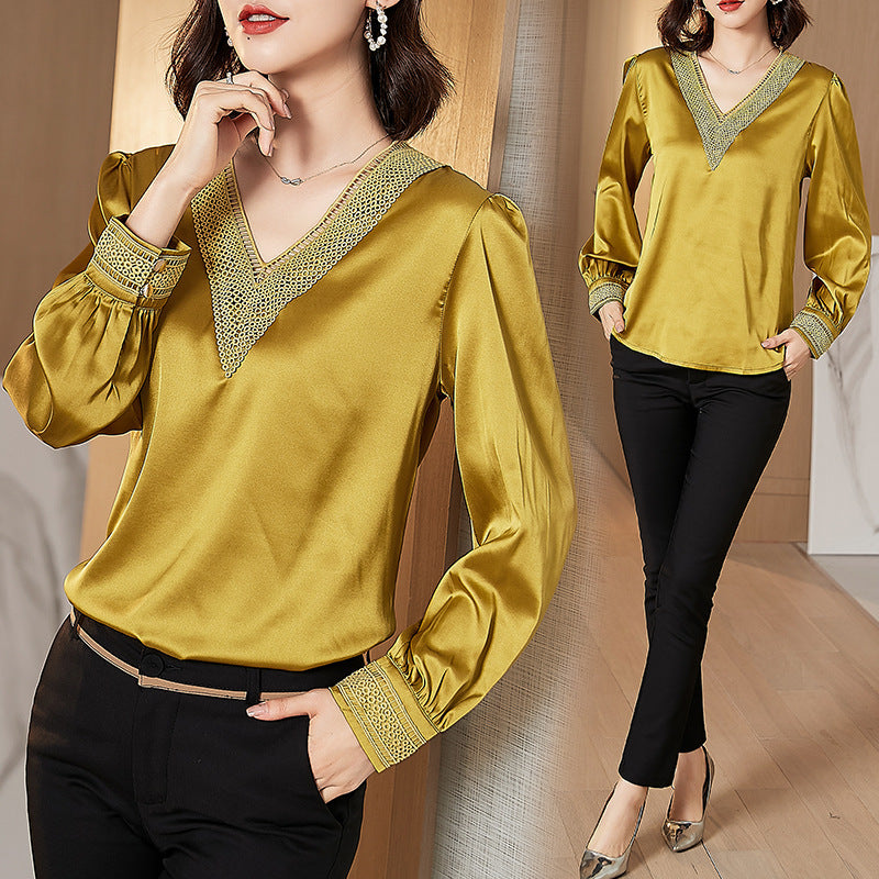 Business Wear Embroidered Satin Silk V Neck Shirt