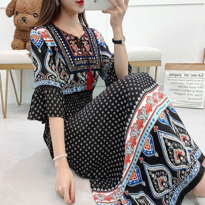 Skirt Crew Neck Ruffle Half Sleeve Cotton Silk Dress