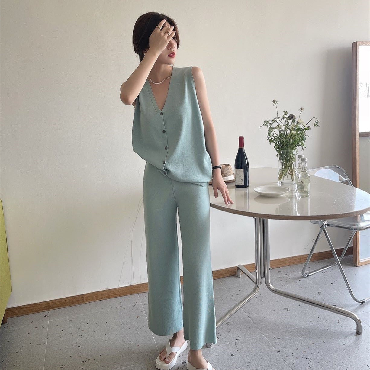 Ice Silk Breasted Knitted Vest  Wide Leg Pants Fashion Two-piece Set