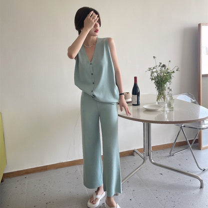 Ice Silk Breasted Knitted Vest  Wide Leg Pants Fashion Two-piece Set