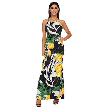 Women's Corset Milk Silk Maxi Suspender Print Dress