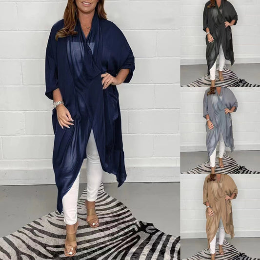 New Slimming Silk Loose V-neck Design Solid Color Top