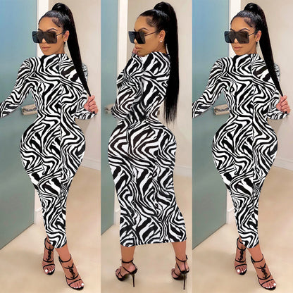 Milk Silk Fashion Print Wrap Arm Zipper Half Turtleneck Dress
