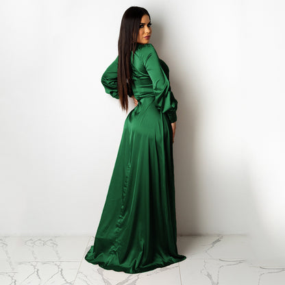 Fashionable V-Neck Silk Face Solid Color Lace Irregular Long Dress