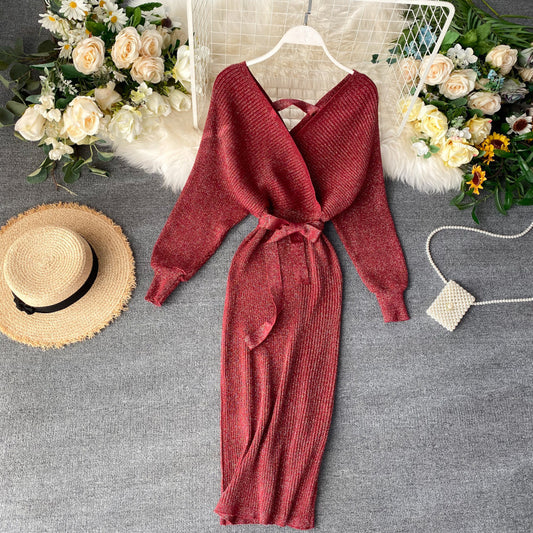 Fashionable And Simple V-neck Bright Silk Knitted Dress