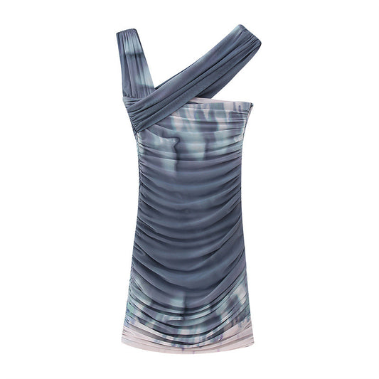 Women's Fashionable Simple Printed Silk Net Pleated Asymmetric Dress