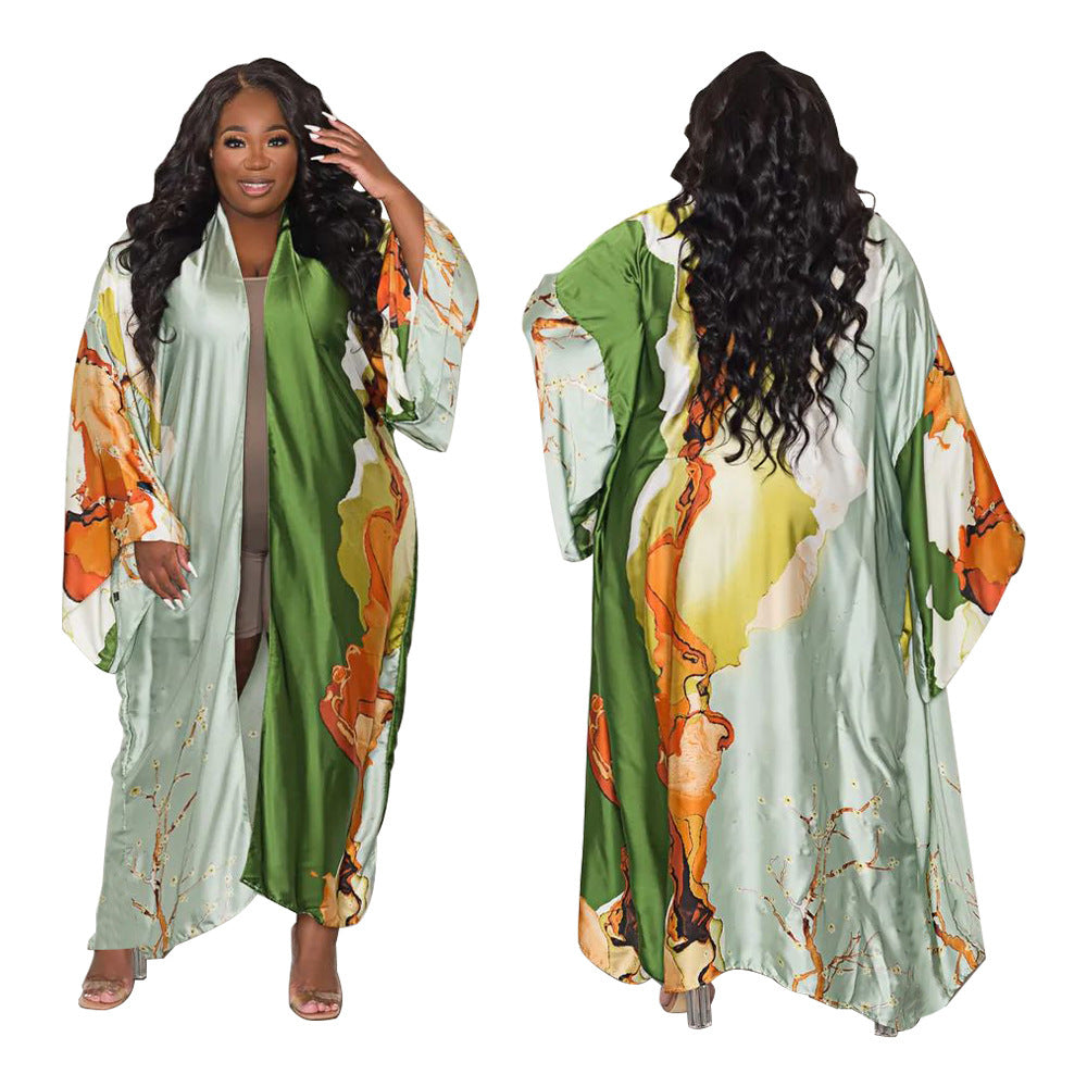 Kimono Silk-like Multi-print Coat