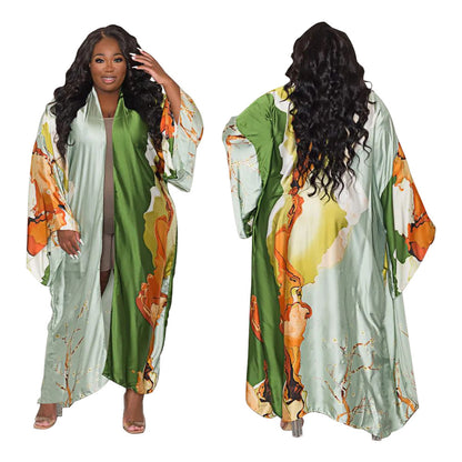 Kimono Silk-like Multi-print Coat