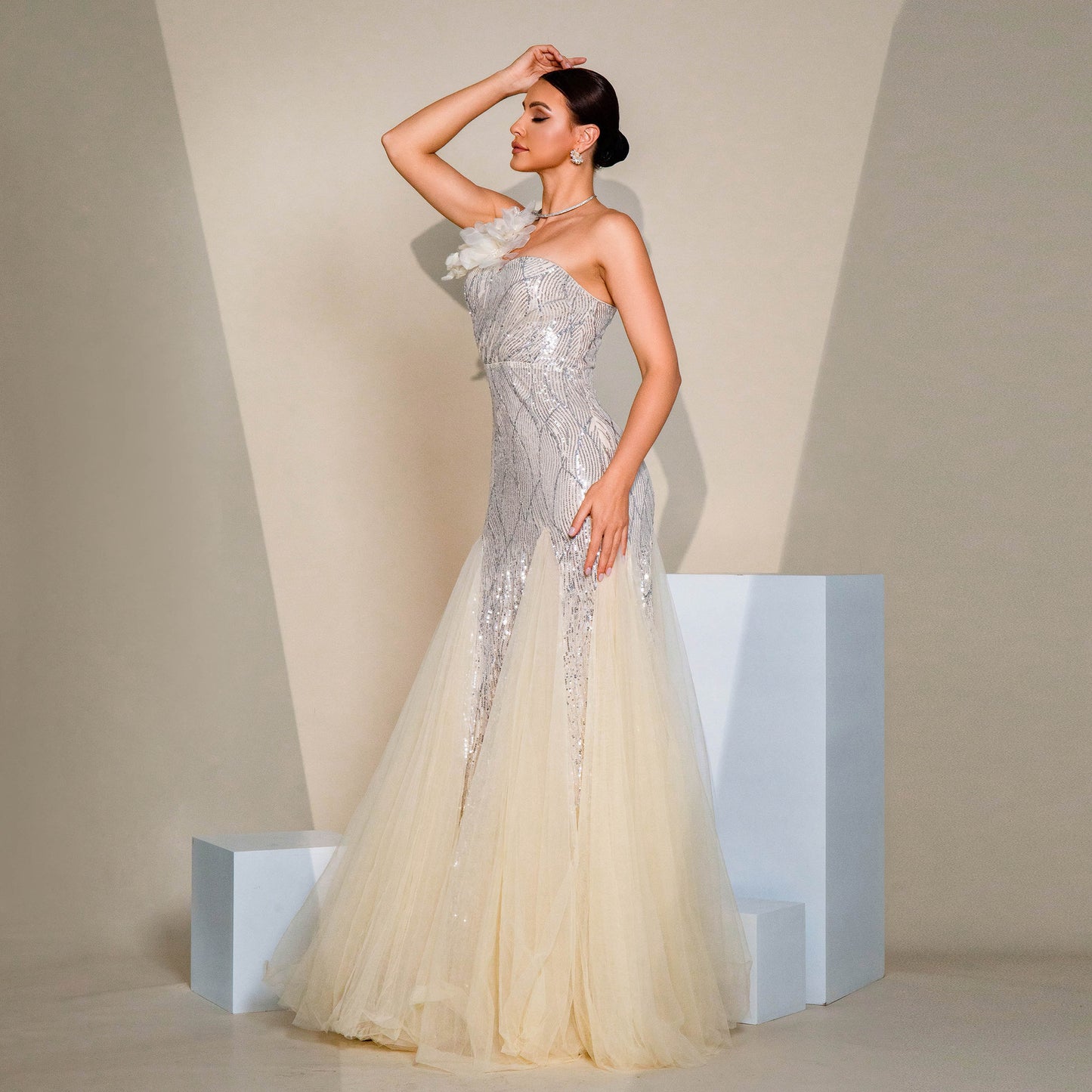 Lumira Veil One-Shoulder Gown