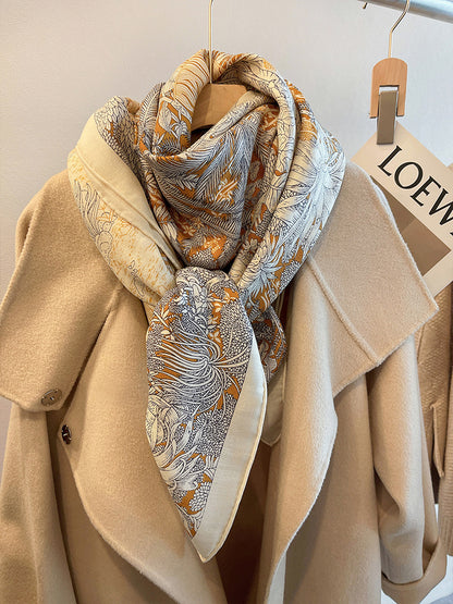Beige Herringbone Silk And Wool Scarf