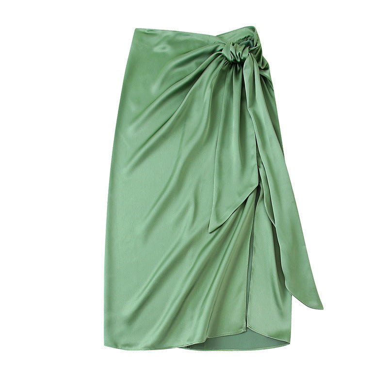 Women's Green Draped Neck Silk Satin Long Sleeve Shirt