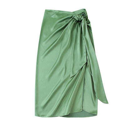 Women's Green Draped Neck Silk Satin Long Sleeve Shirt