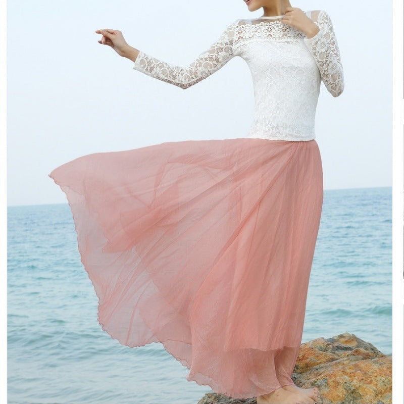 Gold Silk Chiffon Mop Large Swing Dress Elegant Beach Dress