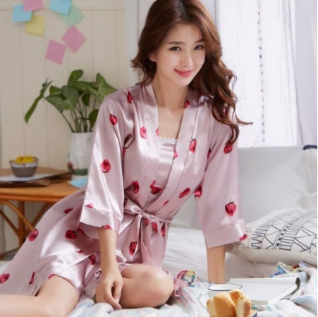 Two-piece summer thin ice silk sling nightgown