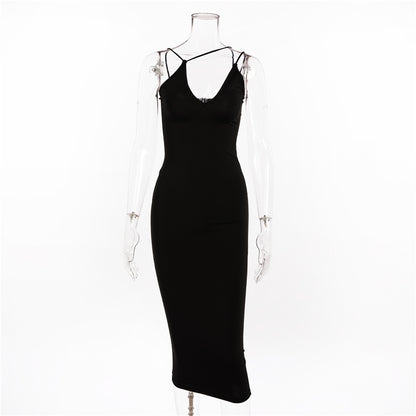 V-neck strap dress maxi milk silk pencil skirt