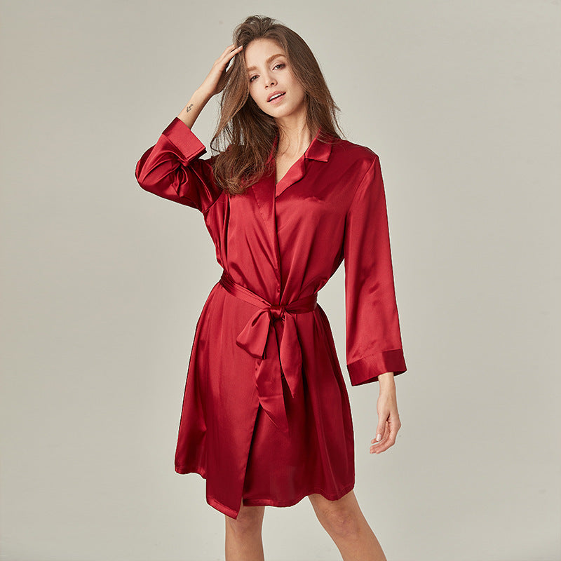 Lace-up Silk Bathrobe French Satin Pajamas