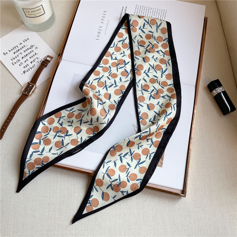 Narrow And Long Fruit Print Silk Scarf
