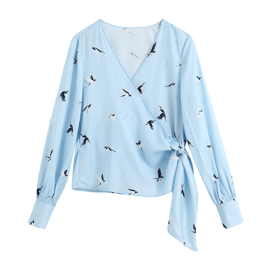 Swallow print silk satin V-neck short shirt