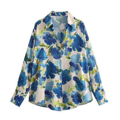 Fashionable All-match Silk Satin Textured Printed Shirt