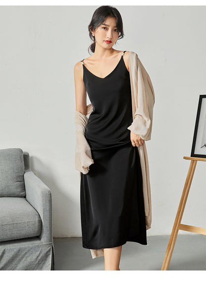 Acetate satin dress V-neck slim high-end temperament silk suspender skirt