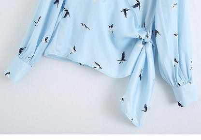 Swallow print silk satin V-neck short shirt