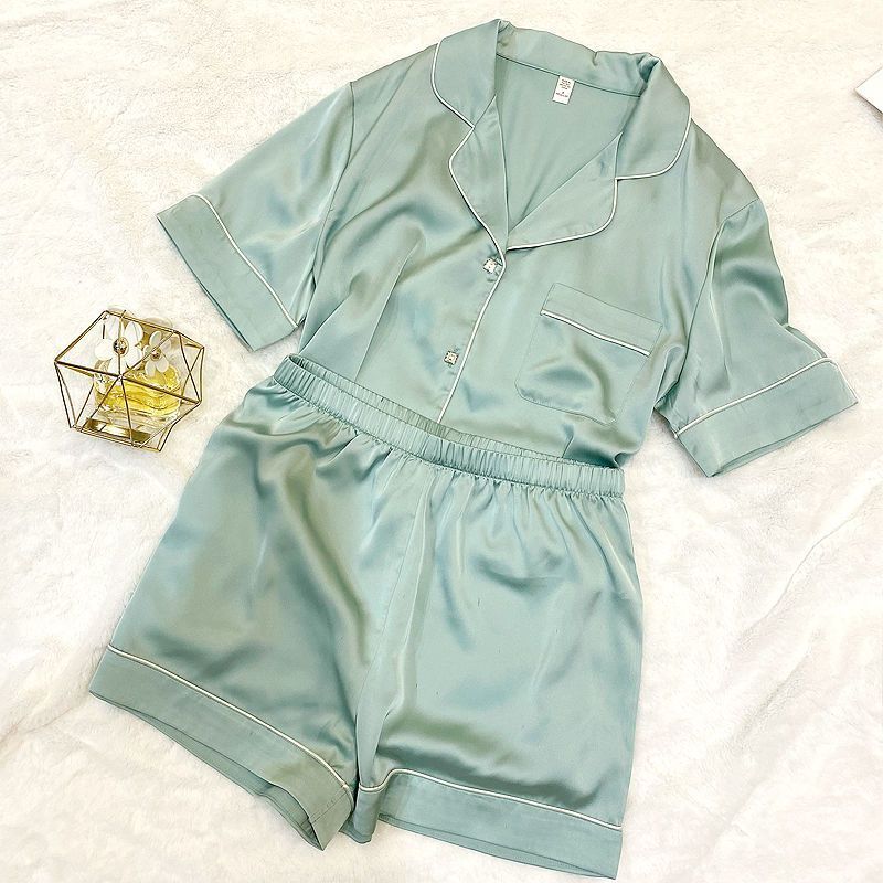 Women's Square Diamond Button Ice Silk Short Sleeve Casual Silk Pajamas Two-piece Set