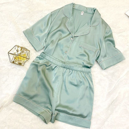 Women's Square Diamond Button Ice Silk Short Sleeve Casual Silk Pajamas Two-piece Set
