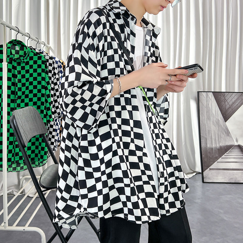 Men's Ice Silk Jacket With Checkerboard Three Quarter Sleeve Shirt