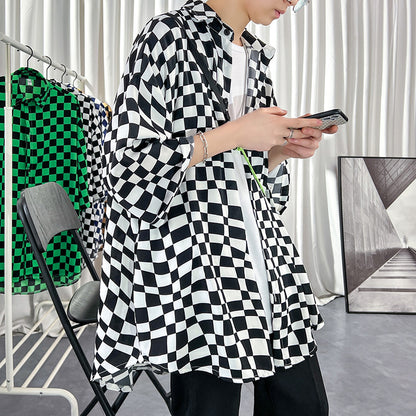 Men's Ice Silk Jacket With Checkerboard Three Quarter Sleeve Shirt
