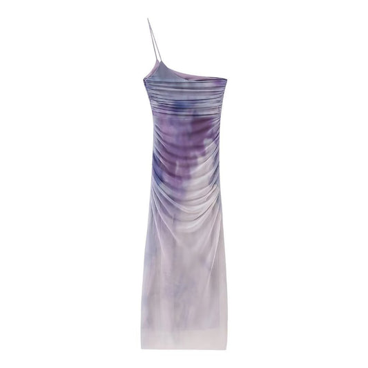 French Printing Silk Net Asymmetric Dress