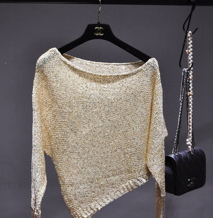 Sequined Slant Shoulder Bright Silk Gold Thread Pullover Top