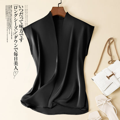Silk V-neck Shirt Western Style Loose Sleeveless T-shirt