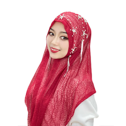 Malay Ladies Tassel Solid Color Headscarf Gold Silk Beaded