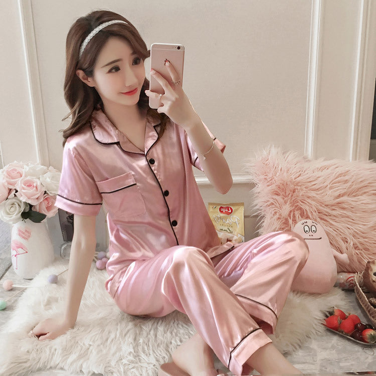Silk-like Summer Short-sleeved Trousers Cardigan Girl Silk