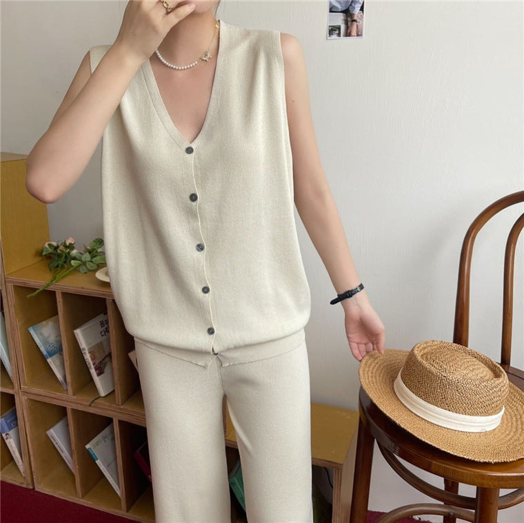 Ice Silk Breasted Knitted Vest  Wide Leg Pants Fashion Two-piece Set